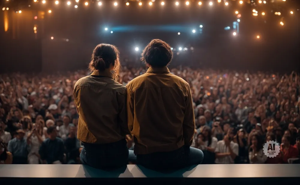 Two people sit facing a large, cheering audience at a concert, with bright stage lights illuminating the scene.