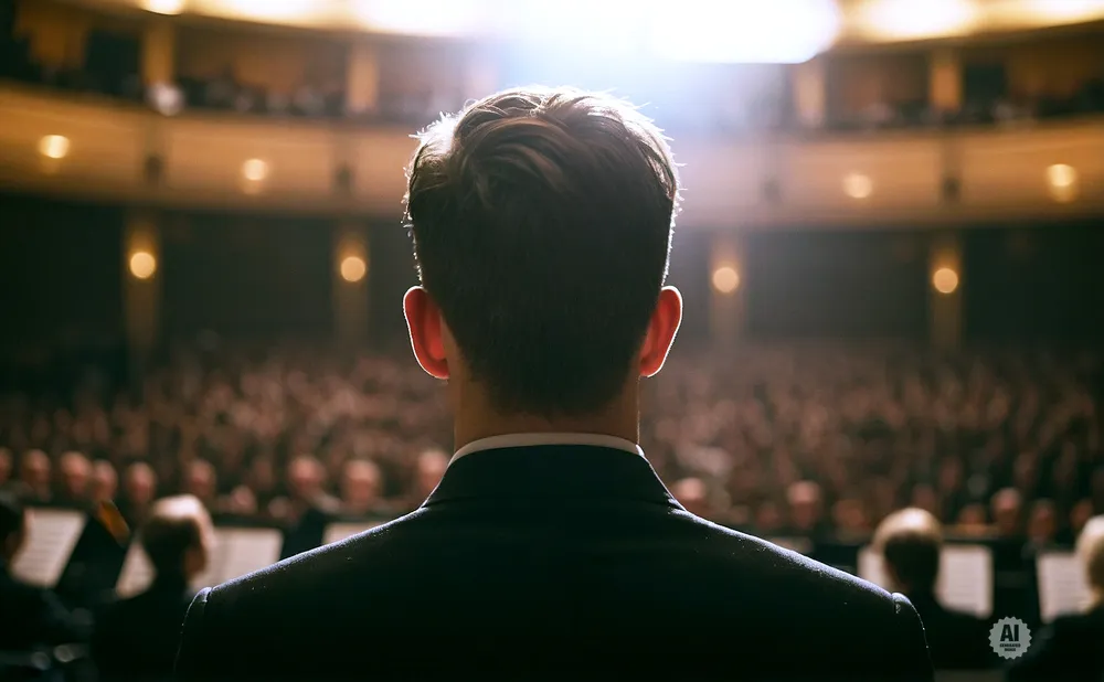 View from behind of a person in a suit facing a large audience in a theater.