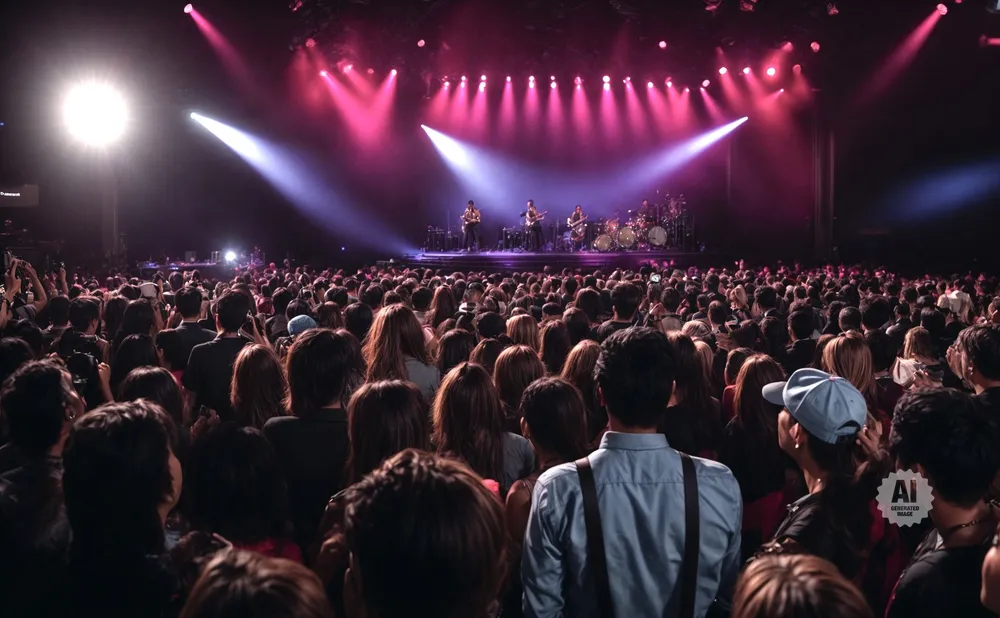 A crowd watches a band perform on a stage lit by pink and purple lights.