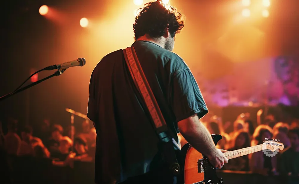 A guitarist plays on a stage with a crowd in the background.