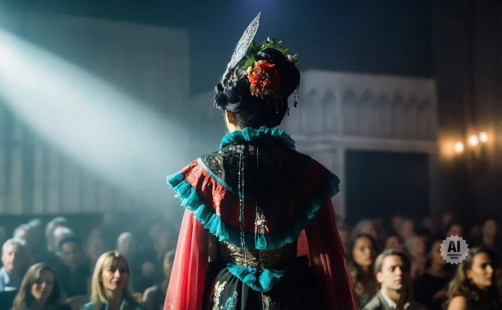 Woman in elaborate costume with ornate headpiece and ruffled cape on stage, spotlighted before an audience.