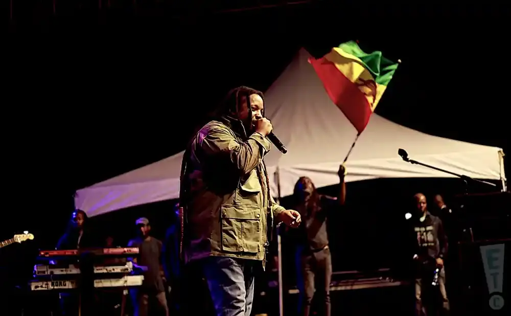 A singer holds a microphone on stage while someone waves a Rasta flag behind him.