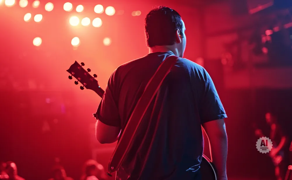 Guitarist playing on a stage bathed in red and pink lights.