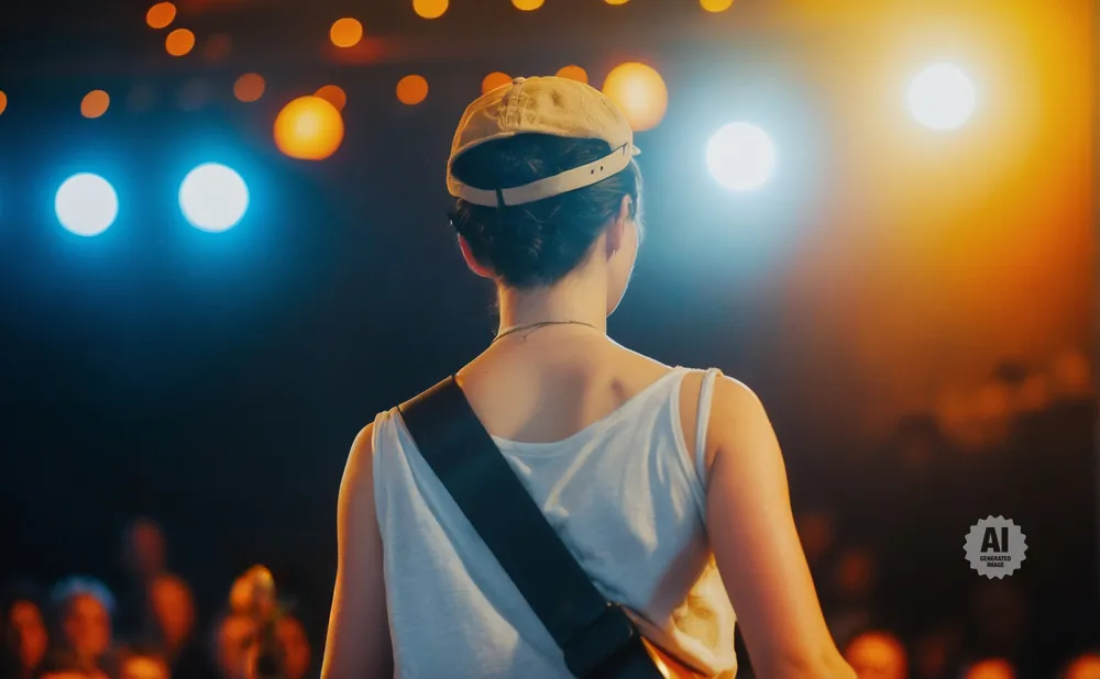 A person wearing a backward baseball cap and white tank top stands facing away from the camera, silhouetted against stage lights.