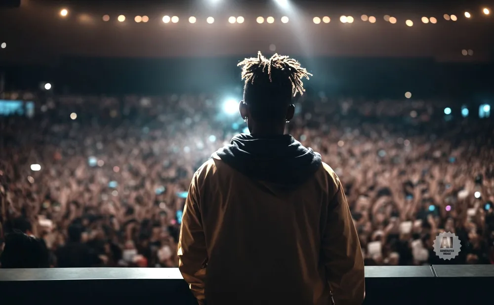 A person with dreadlocks stands on stage facing a cheering crowd at a concert.