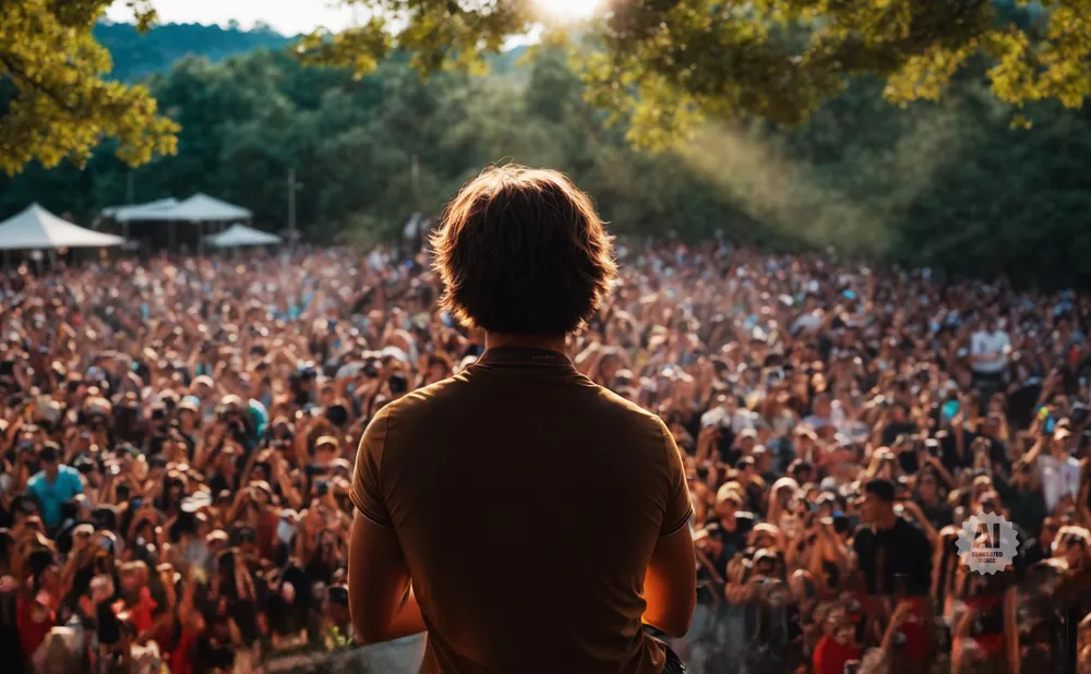 A performer faces a large, cheering crowd at an outdoor concert.