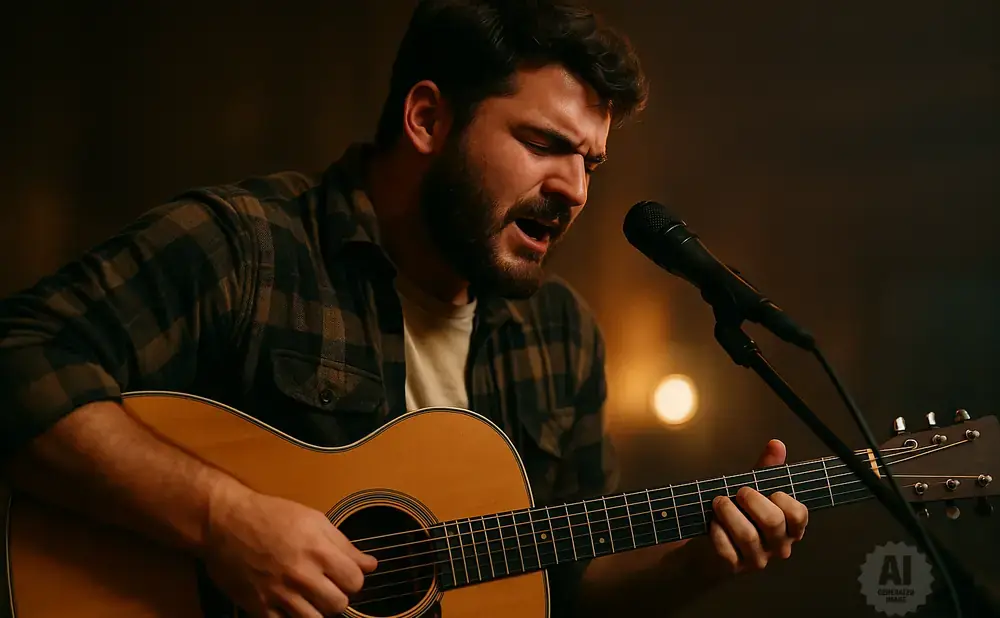 A man in a plaid shirt sings into a microphone while playing an acoustic guitar.