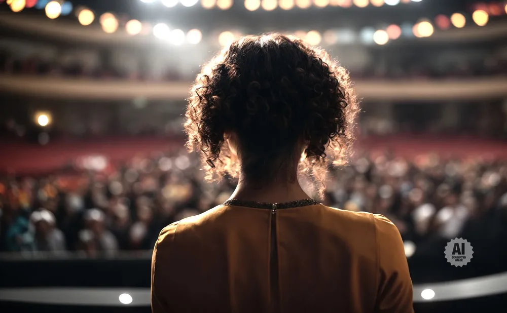 Back view of a woman with curly hair on a stage, facing a large audience with blurred lights.