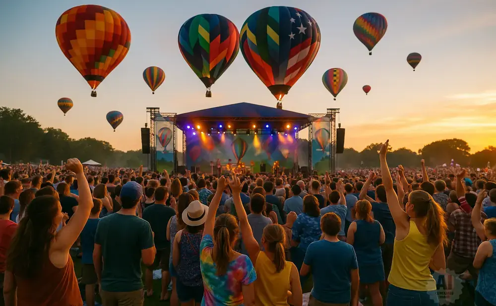 A large crowd watches a band perform on a stage with hot air balloons in the sky at sunset.