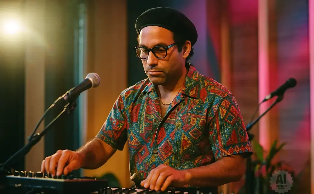 A man in a colorful shirt and beret plays a keyboard with microphones nearby.