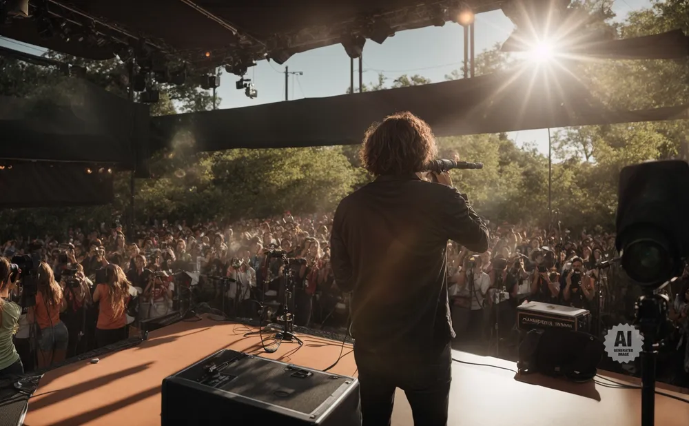 Singer performing for a large crowd at an outdoor concert venue.