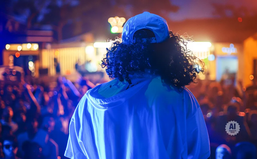 Back of a person wearing a blue hoodie and a cap, with curly hair, facing a crowd at a concert.