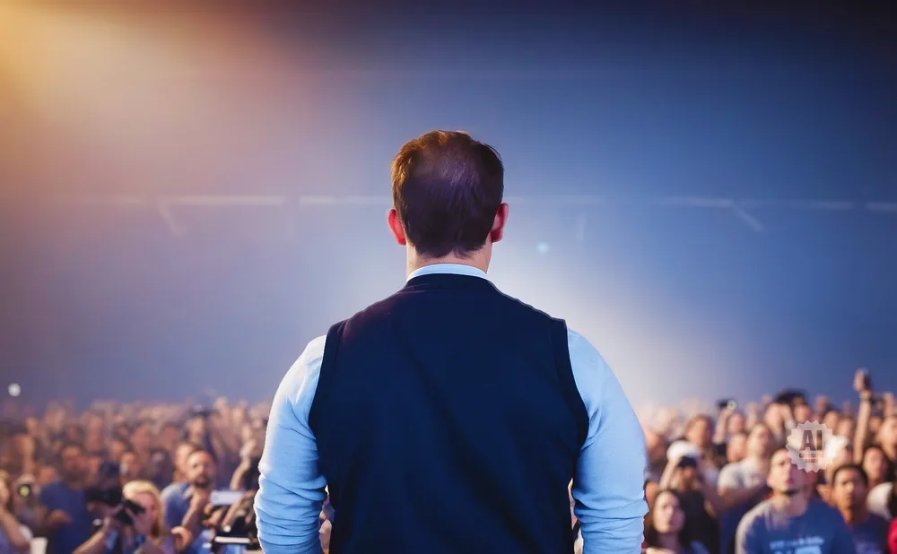 Man in dark vest and light blue shirt facing a large, blurred crowd with bright lights in the background.
