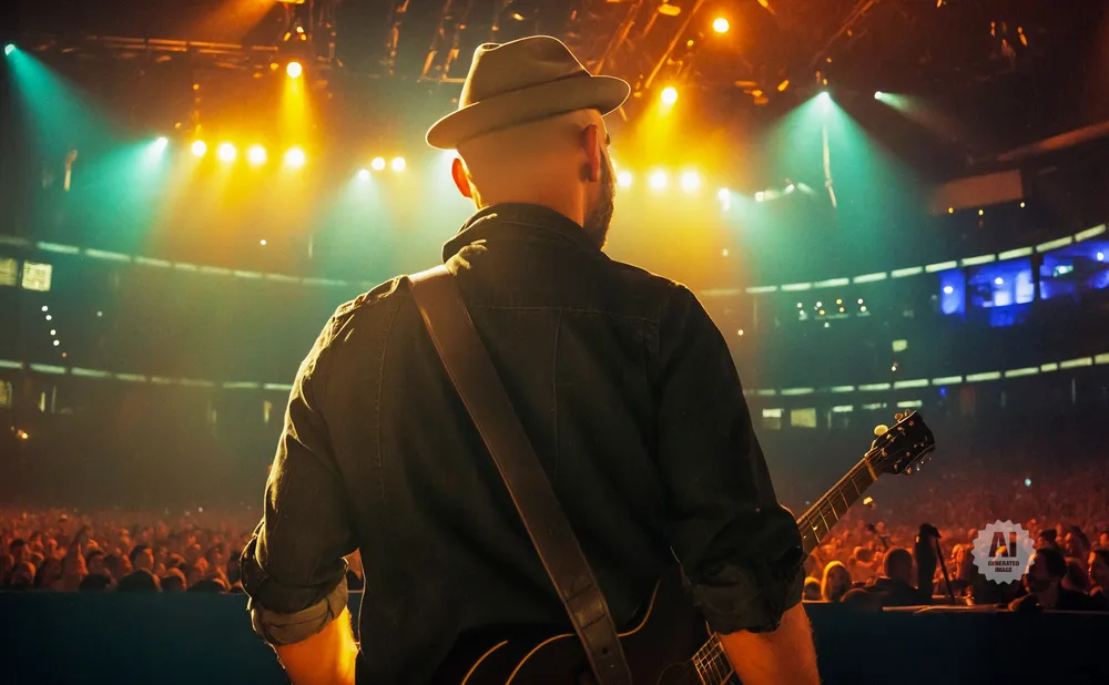 Guitarist on stage with crowd, bathed in colorful stage lights.