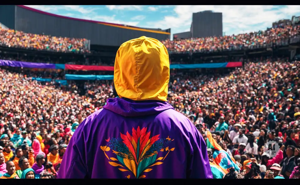 A person in a yellow hoodie and purple jacket with a colorful design stands before a large crowd in a stadium.