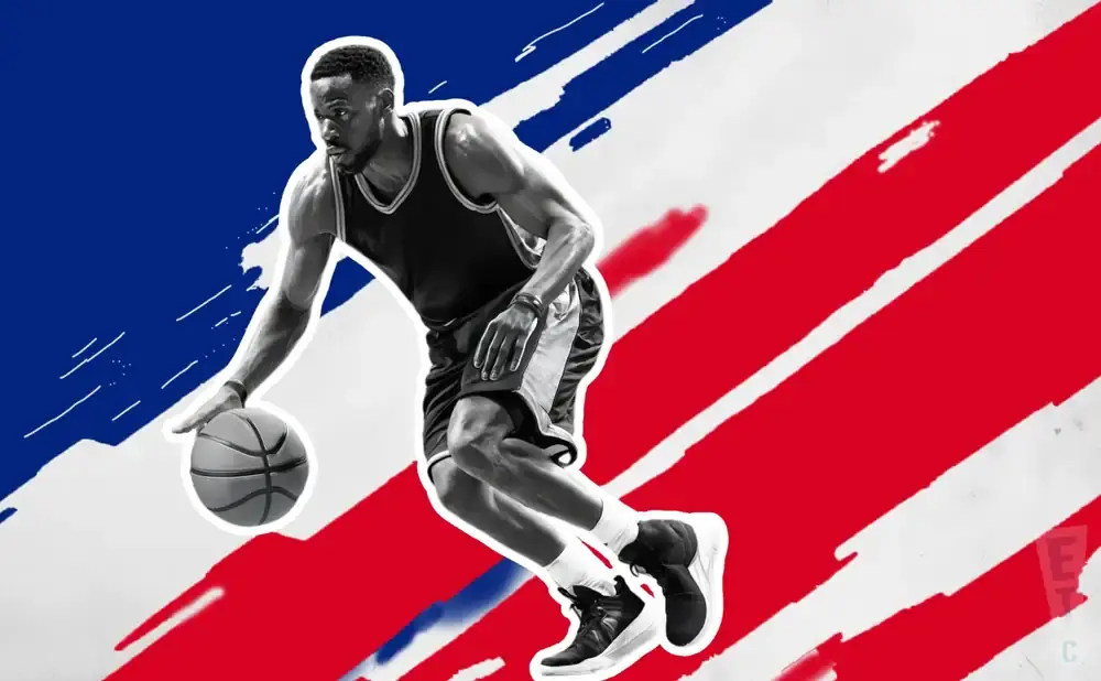 A Black basketball player dribbles a ball against a backdrop of red, white, and blue brush strokes.