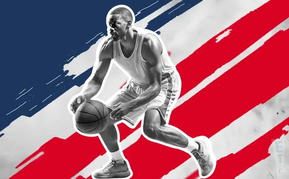 A Black basketball player dribbles a ball with a red, white, and blue abstract background.