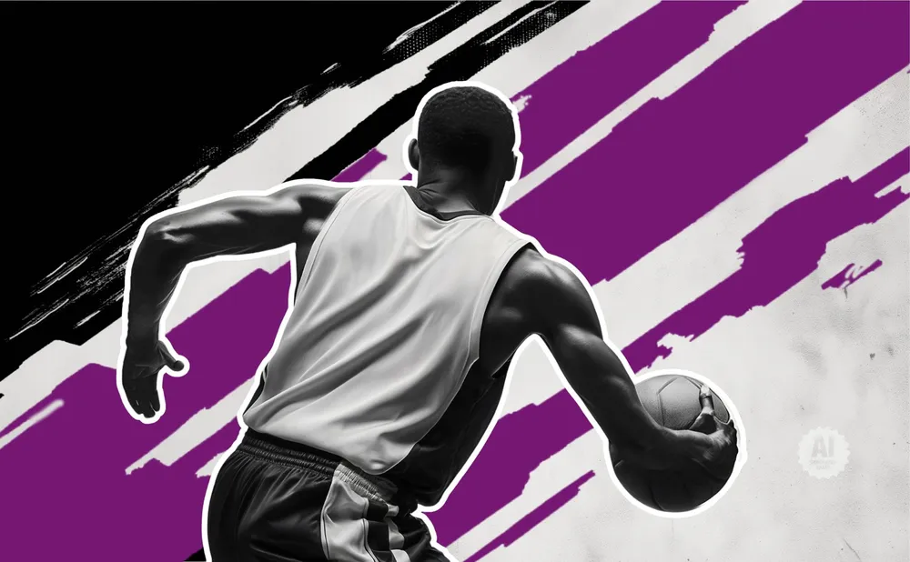 A Black basketball player in a white tank top dribbles a ball against a background of black, purple, and white brush strokes.