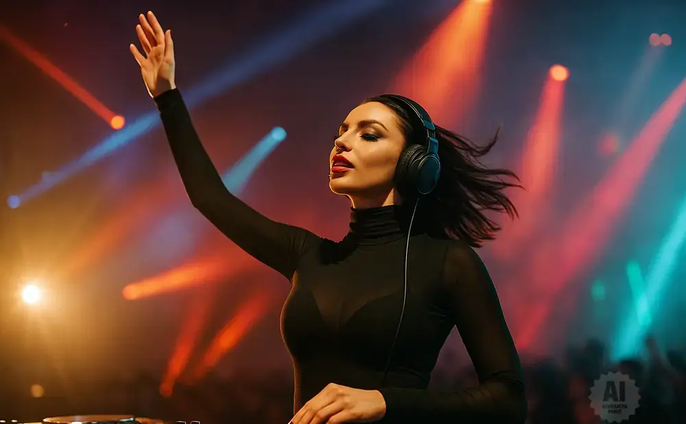 Woman DJ with headphones and arm raised in a club with colorful lights.
