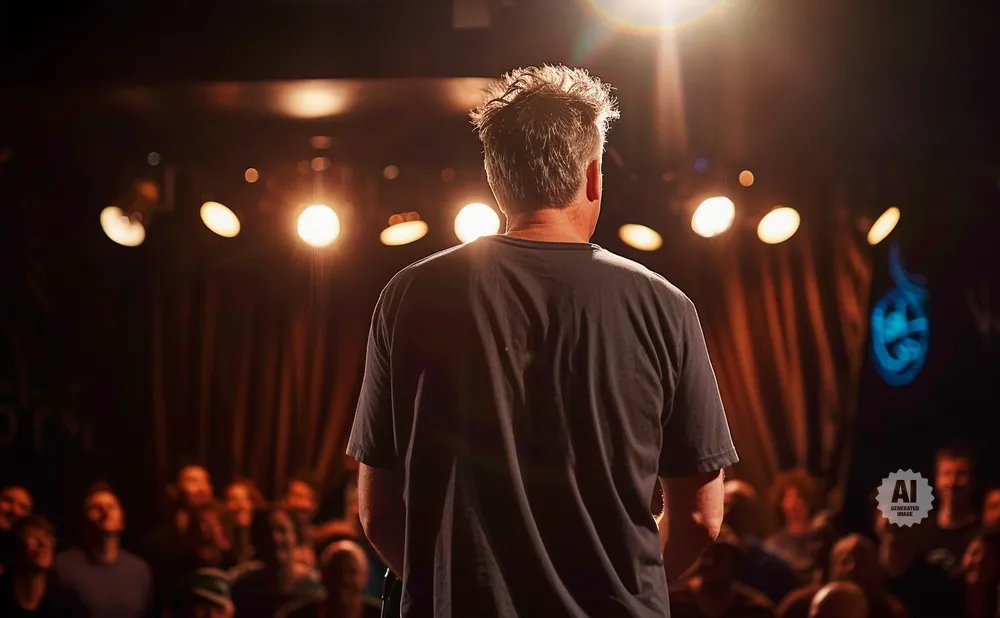 Man on stage facing away from the camera, illuminated by stage lights, with an audience watching.