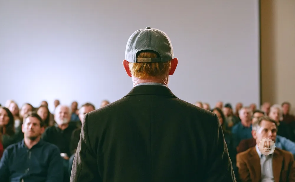 Man wearing a baseball cap speaks to an audience in a dimly lit room.