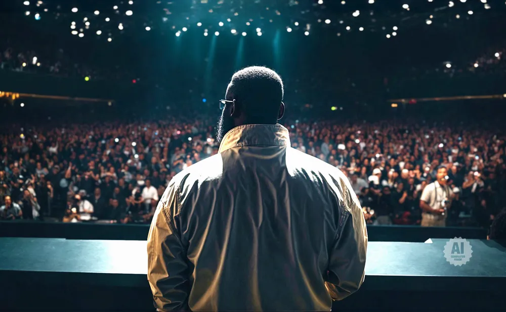 A man in a jacket stands on stage facing a large crowd in a dimly lit arena.