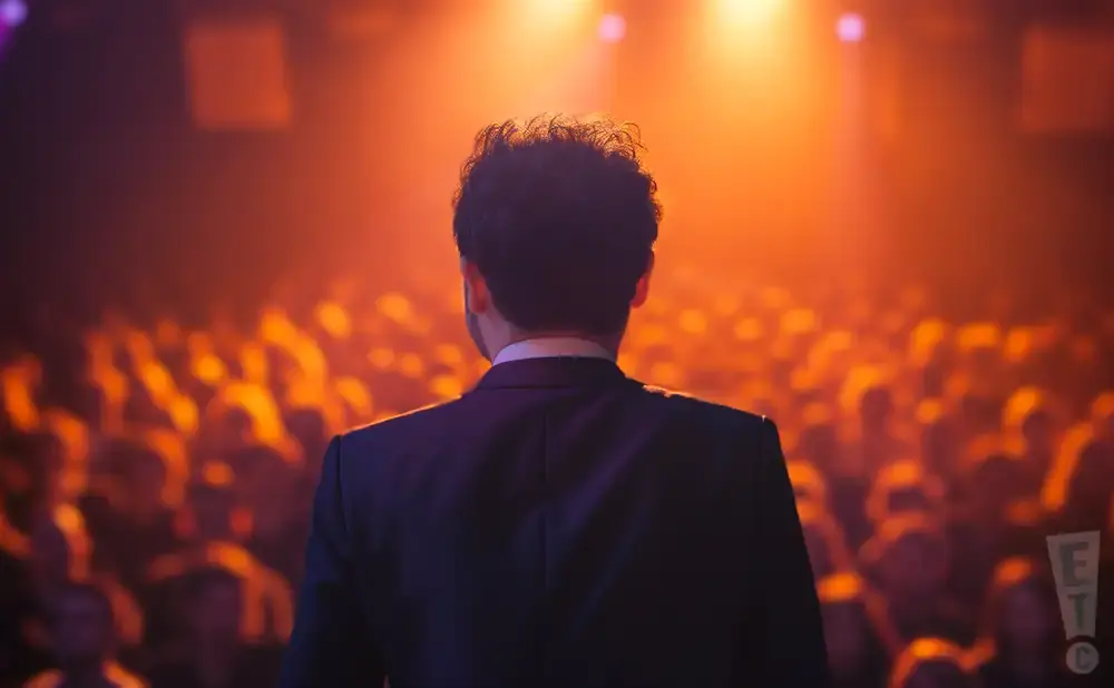 A man in a suit faces a cheering crowd under warm stage lights.