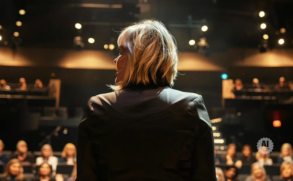 Woman with blonde hair in a dark jacket facing away from the camera, speaking to an audience.