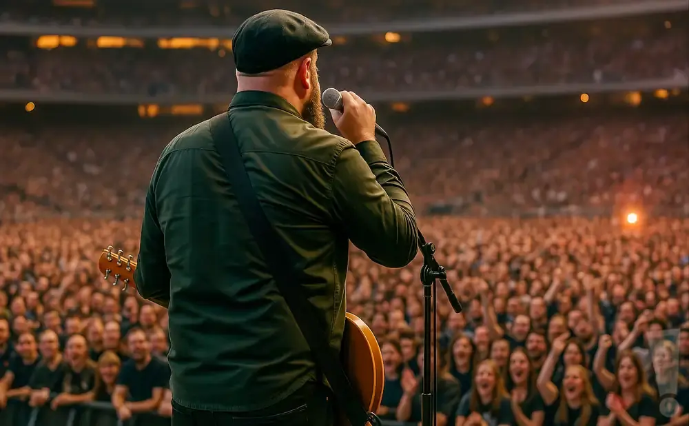 Man in a flat cap and green shirt sings into a microphone while playing guitar on stage to a cheering crowd.