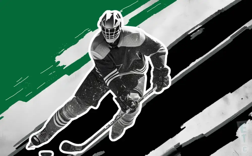 A hockey player in a black and white uniform skates with a stick, on a background with green and black diagonal stripes.