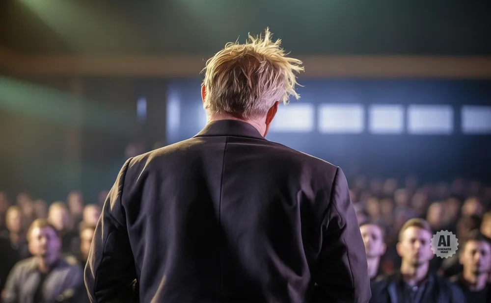 Back of a speaker in a suit with messy blonde hair, addressing a blurred audience.