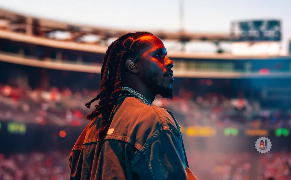 Man with dreadlocks and diamond chain on stage under spotlights, stadium crowd blurred in background.