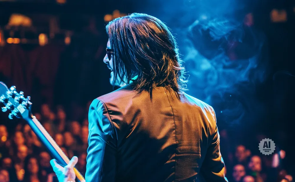 Musician with long dark hair and sunglasses plays guitar on stage with blue stage lights and smoke.