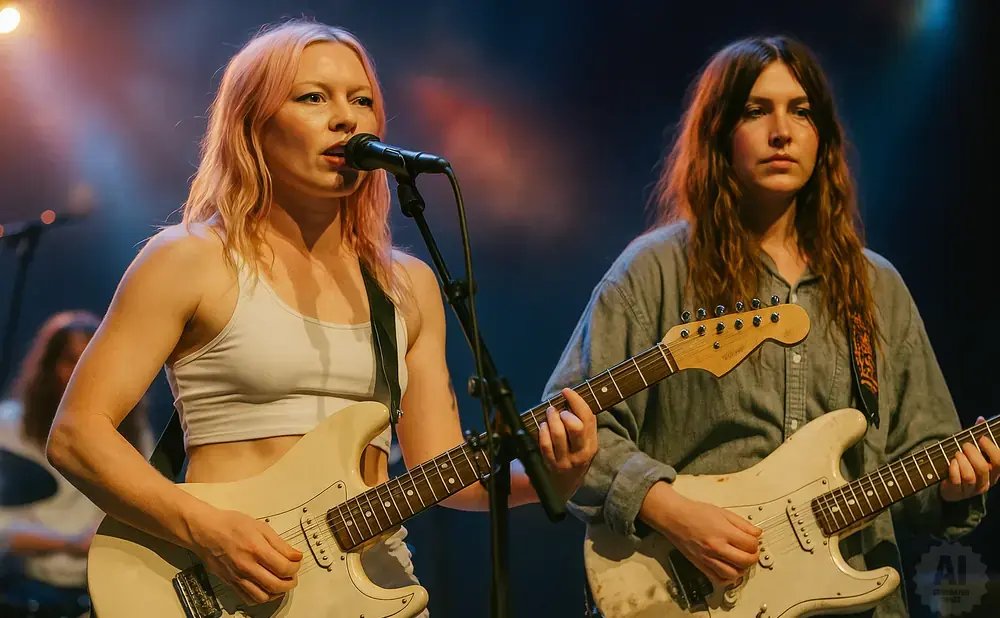 Two women play guitars on stage, one with pink hair and a white top, the other with long brown hair in a grey shirt.