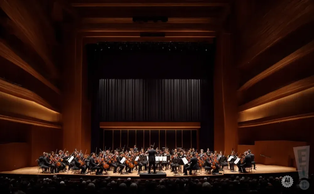 An orchestra performs on stage in a wood-paneled concert hall with warm lighting.
