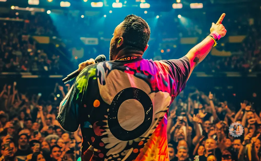 A performer with a colorful shirt sings into a microphone with his arm raised to a cheering crowd.