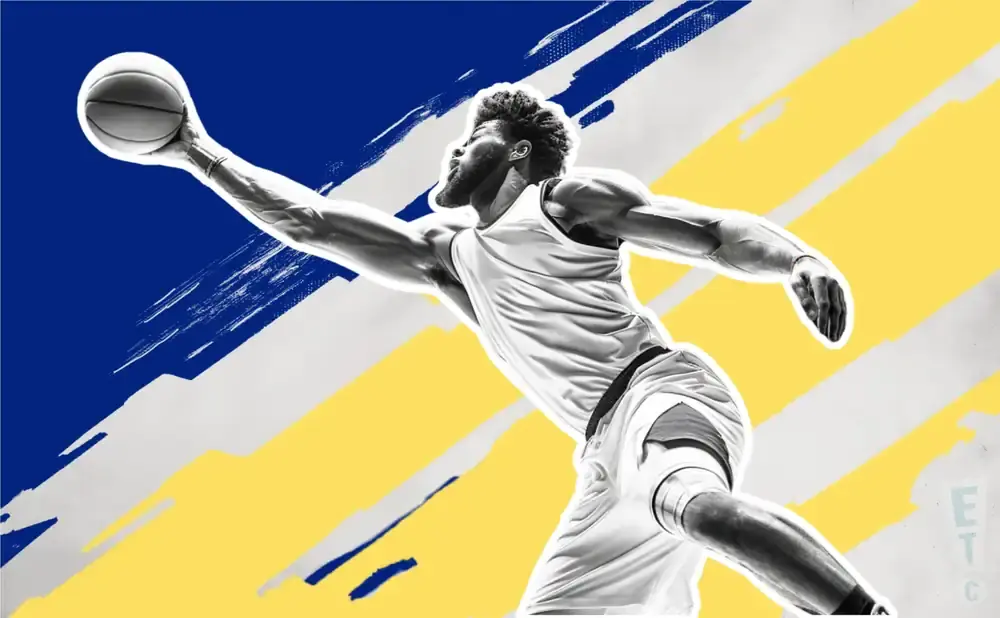 A Black basketball player dunks a ball against a blue and yellow background.