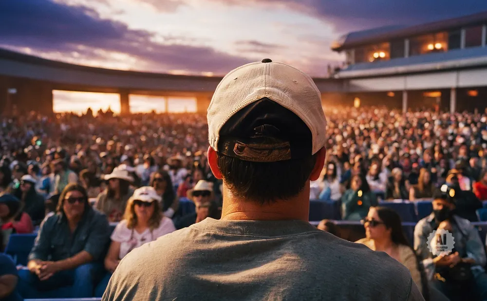 Man in a baseball cap watches a crowded outdoor concert at sunset.
