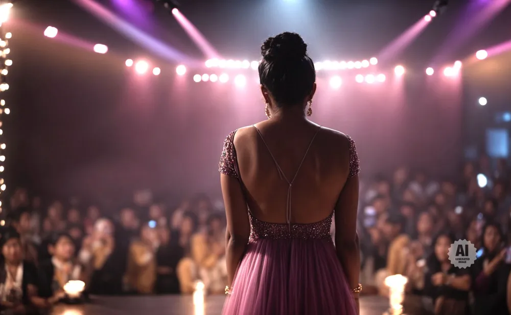 Woman in a low-back gown on stage, facing a crowd under dramatic stage lights.