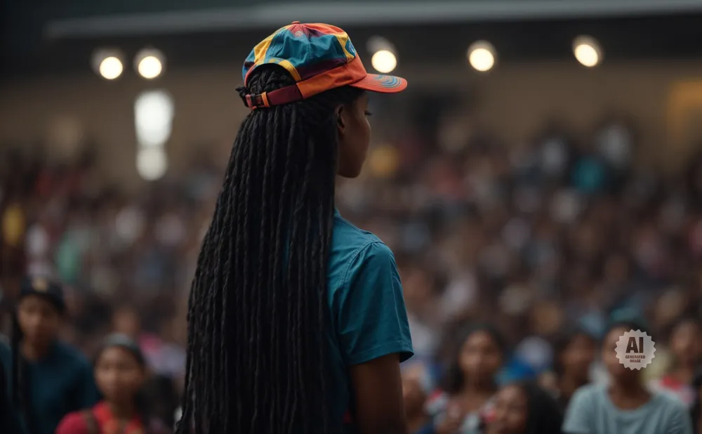 A person with dreadlocks and a colorful cap stands in front of a blurred audience.