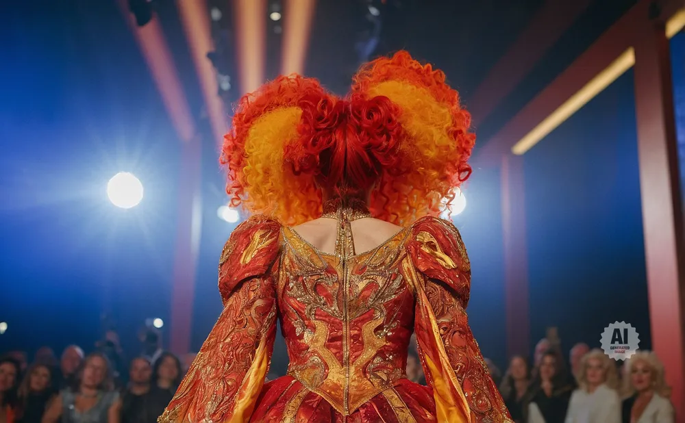Woman in a fiery red and gold costume with a large, curly orange and red wig, seen from behind on a stage.