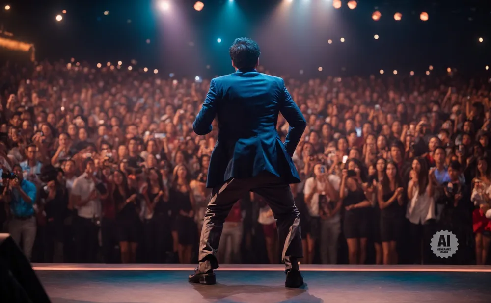 Man in blue suit on stage facing a large, cheering crowd under spotlights.