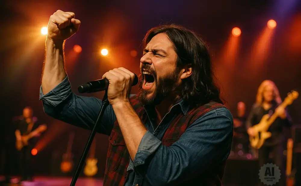 A male singer belts into a microphone on stage with his fist raised, bathed in warm stage lights.