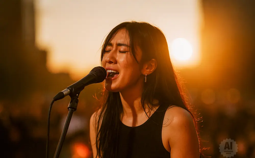 A woman sings passionately into a microphone at sunset, bathed in warm golden light.