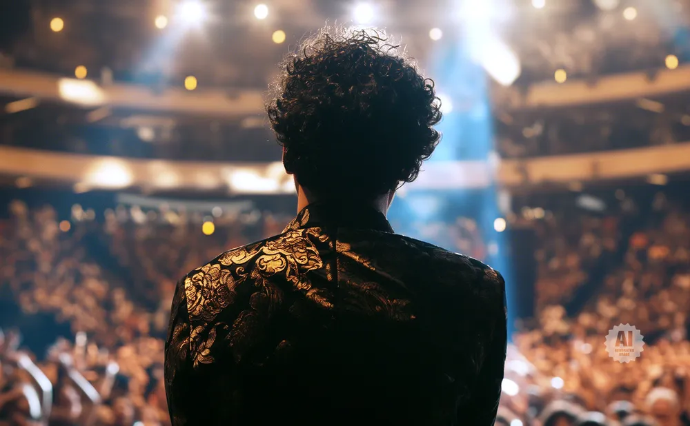 A man with curly hair stands on stage in a decorative jacket, facing a blurred audience under bright lights.