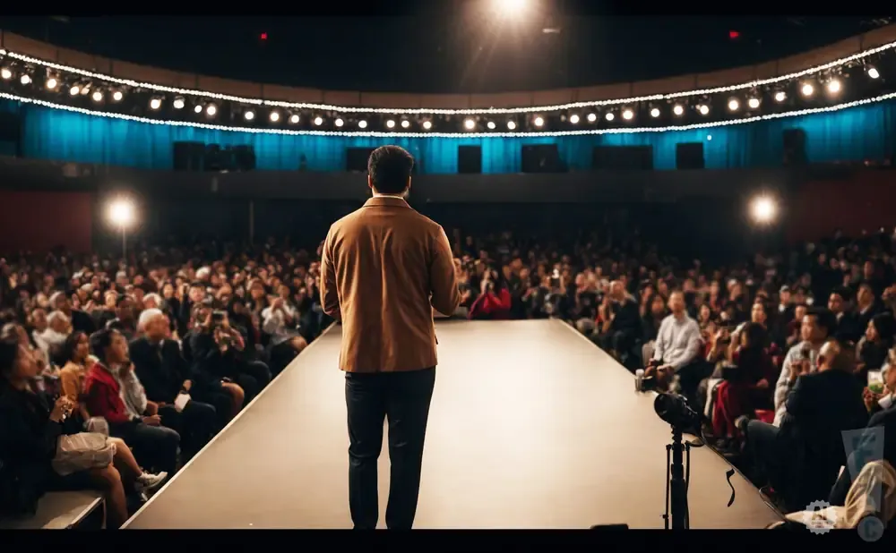 A speaker stands on a runway facing a large audience in a theater.