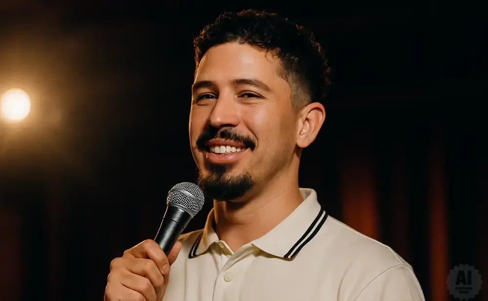 A man holds a microphone and smiles.