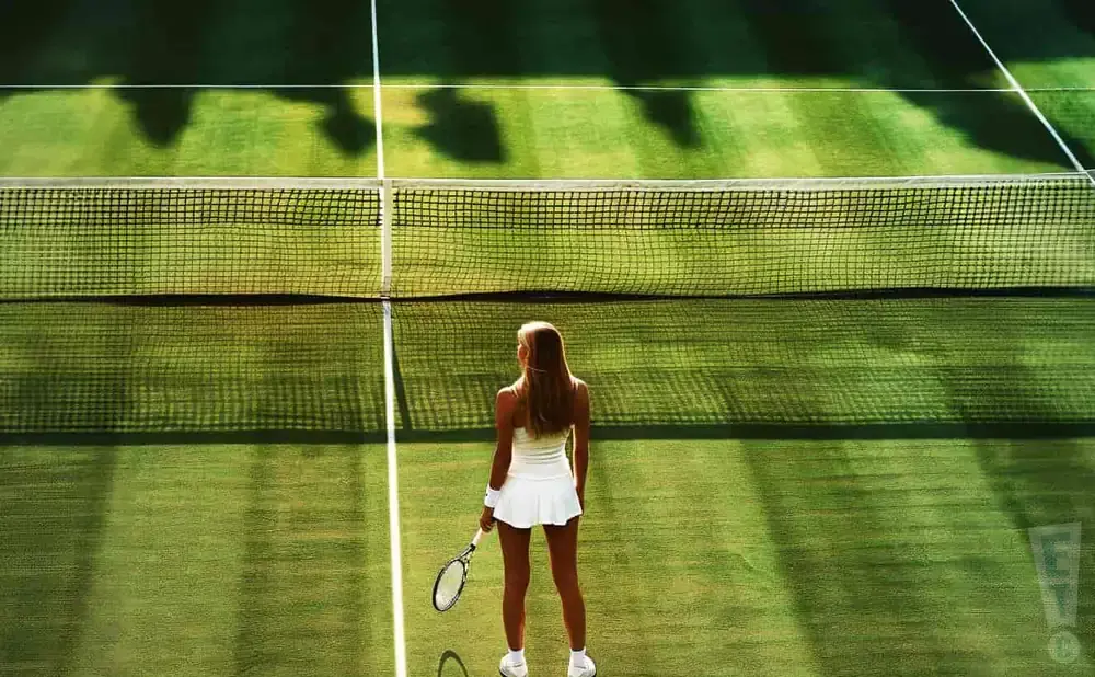 Woman in a white tennis outfit holding a racket on a grass court, looking at the net.