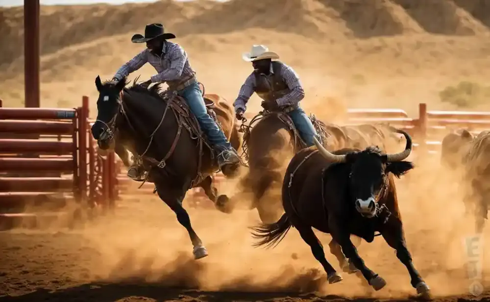 Cowboys on horseback chase a bull in a dusty rodeo arena.