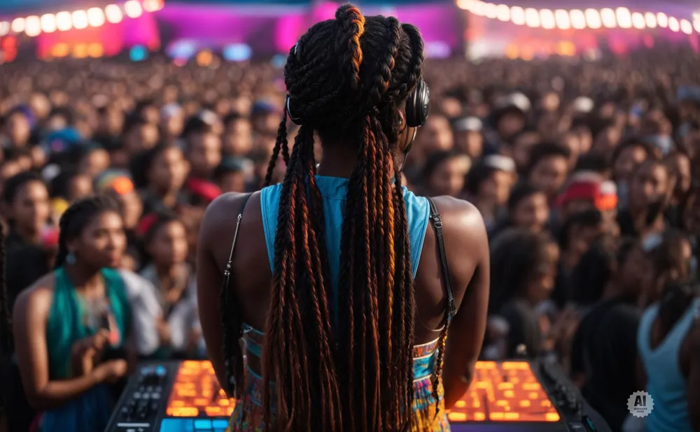 A DJ with long braided hair plays for a large crowd at an outdoor concert.